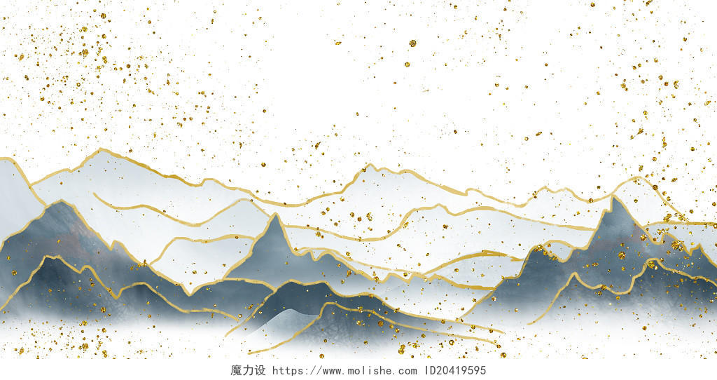 蓝色中国风金线描边水墨山海报背景
